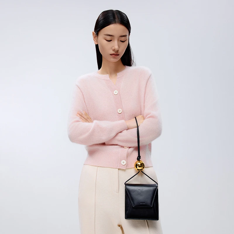 【100%山羊绒】LANCY/朗姿冬季新款气质简约圆领针织开衫女LCEH07KC