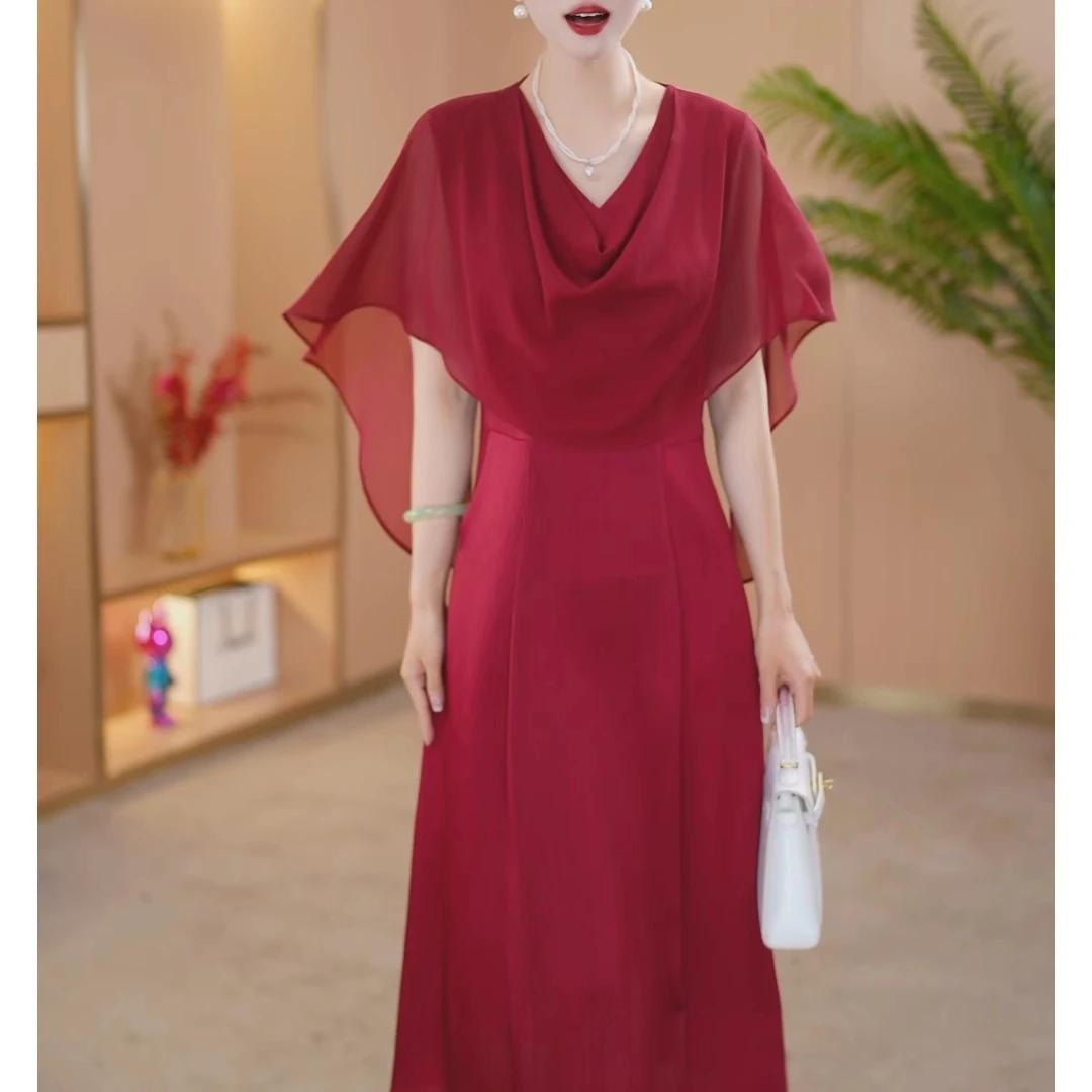 高级感披肩袖红色连衣裙女夏2025新款轻熟风气质女人味中长礼服裙