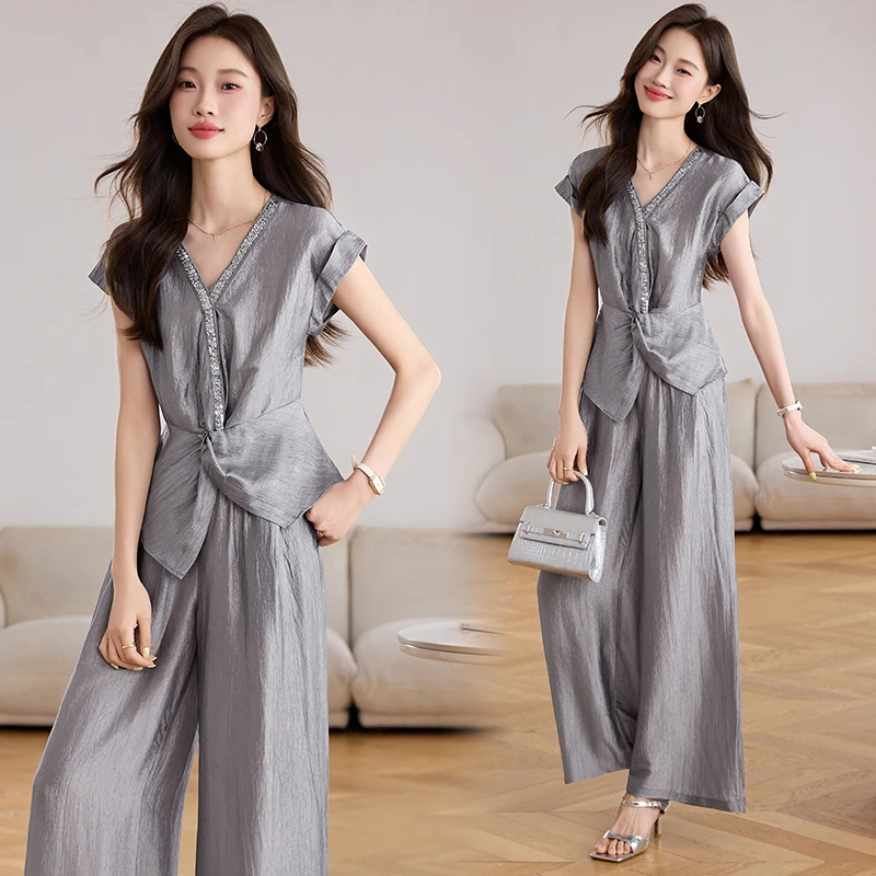 法式气质亮片V领套装女2025夏季新款高级感优雅大气阔腿裤两件套