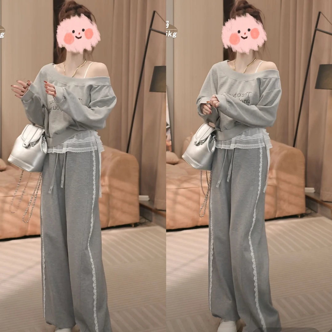 韩系字母印花套头卫衣高腰显瘦阔腿休闲裤两件套女开春穿搭一整套