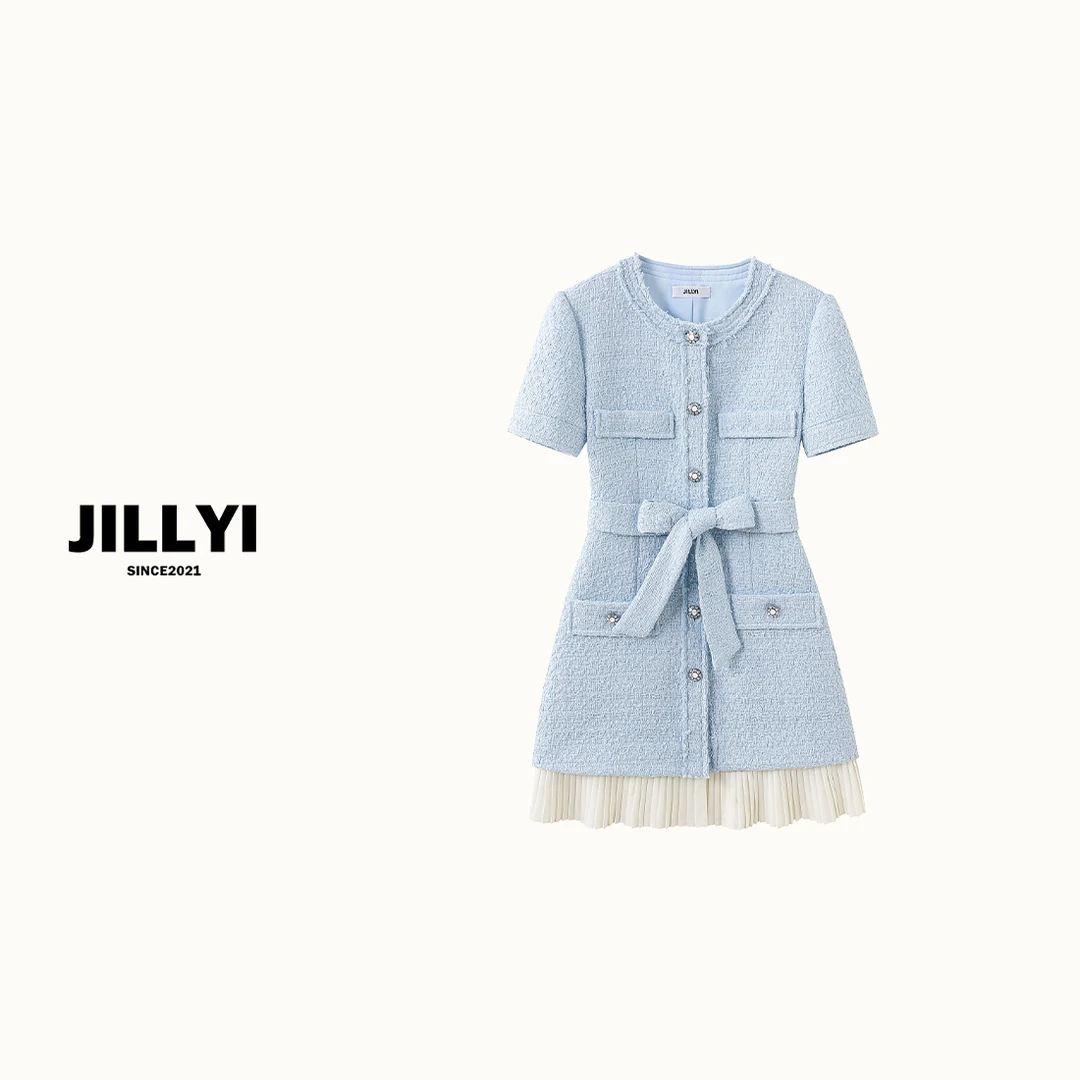 JILLYI【海边心事】夏款混纺收腰绑带冰川蓝拼接百褶㡳短袖连衣裙
