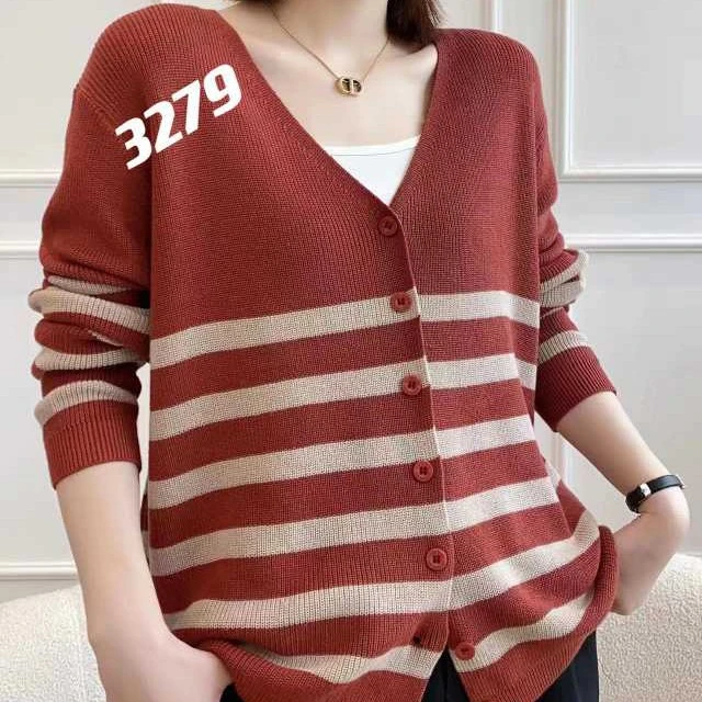 棉线针织衫文艺风V领薄款秋季拼条纹上衣开衫宽松百搭时尚长袖