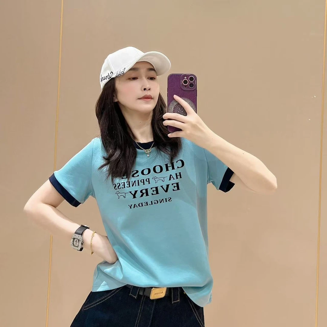 爆款新款创意短袖504175显瘦洋气时尚百搭设计感休闲体恤半袖圆领