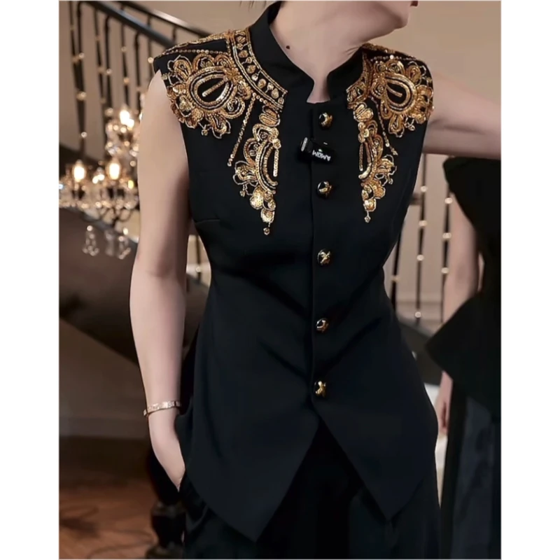 2025夏季时尚新款设计感高级轻奢法式重工高级感马甲坎肩短款上衣