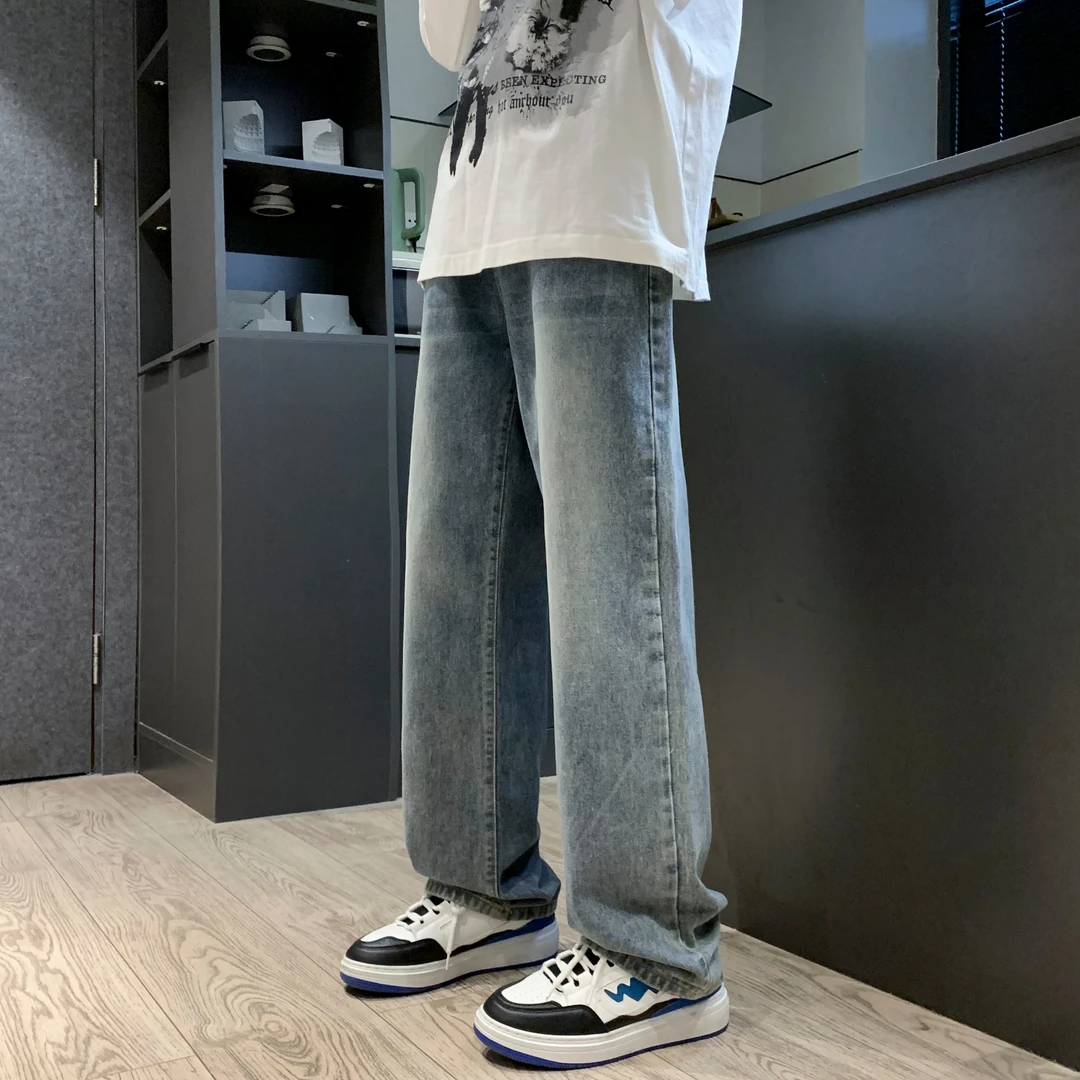 秋冬新款潮流高街直筒阔腿牛仔裤大码春秋休闲百搭复古宽松