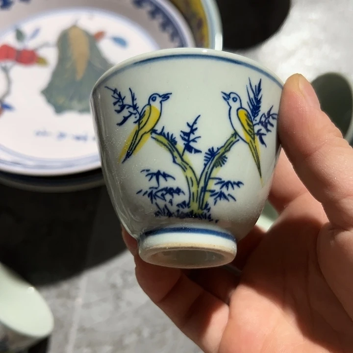 青花玲珑手绘花鸟二缸盅
