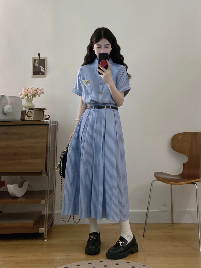 大码女装2025夏季新款百搭显瘦文艺蓝色连衣裙女装面试裙子