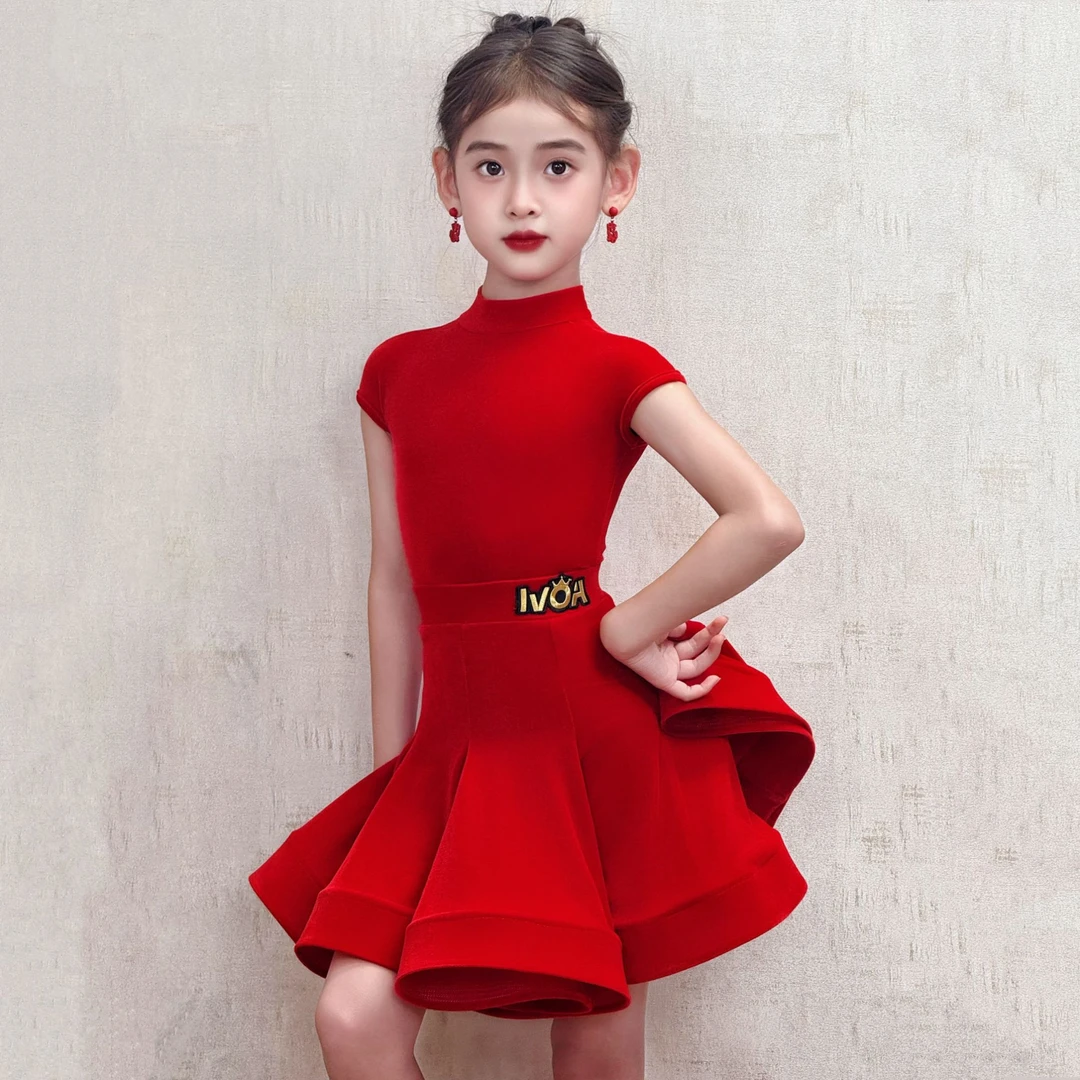 IVOA中国红拉丁规定服高弹包肩袖云感丝绒小高领大裙摆舒适舞服