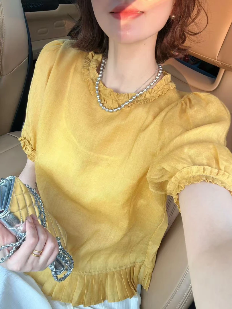 老赵服饰 休闲减龄花边褶皱下摆条纹纯色短袖上衣21AU3720