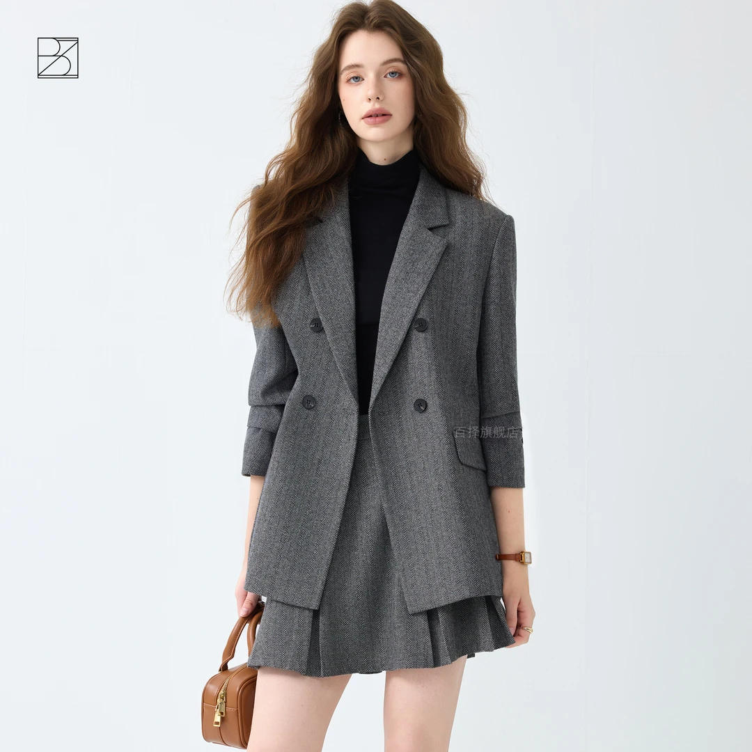 学院风毛呢西装百褶裙套装女2025秋装新款时尚复古减龄呢子小西服