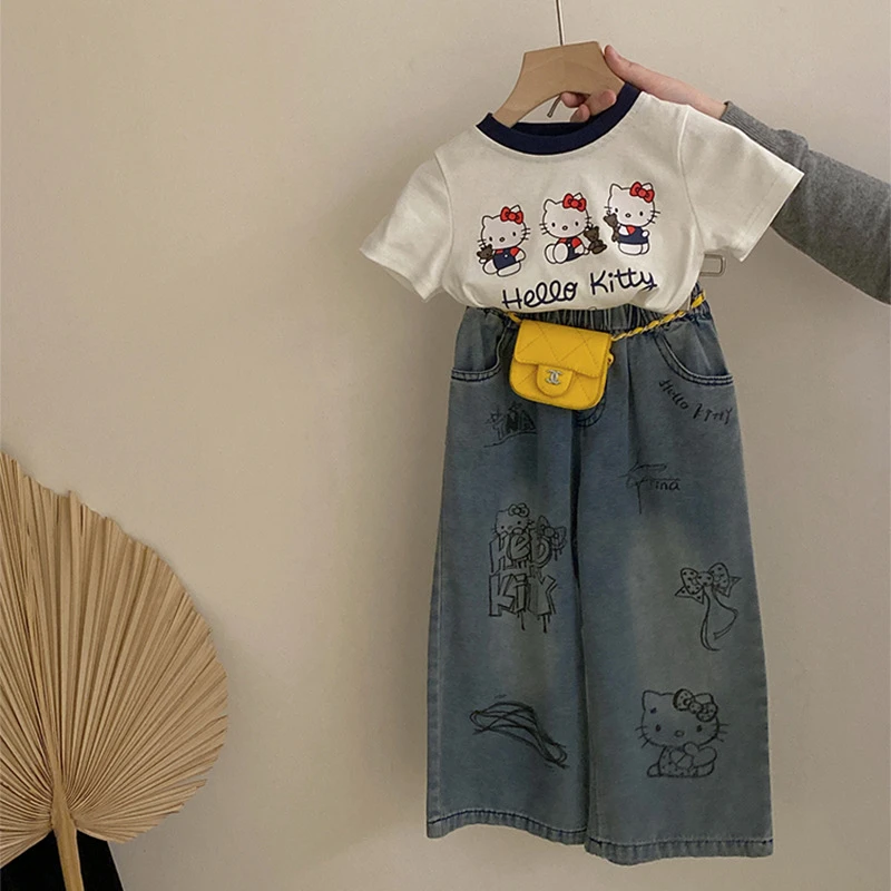 R25137女童夏季新卡通短袖印花上衣阔腿牛仔裤个性涂鸦时尚直筒裤