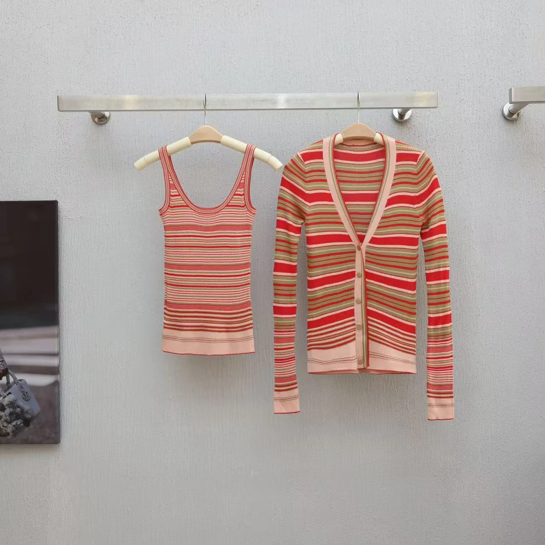 【晨老板】~ceilina【诗韵万禧】条纹长袖开衫背心针织套装69257078