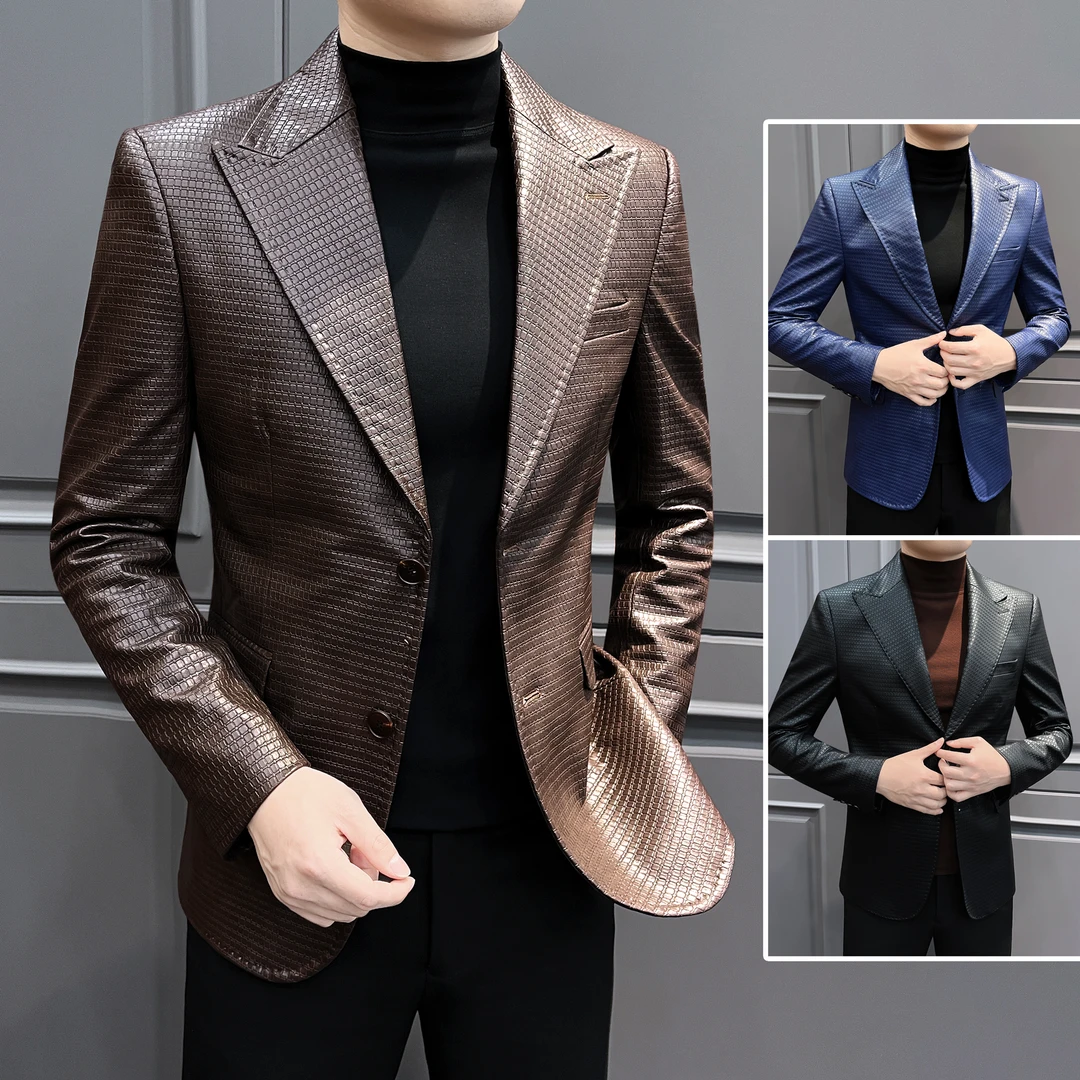 格子皮衣西装外套男款2025新款爆款痞帅男装上档次男士休闲小西服