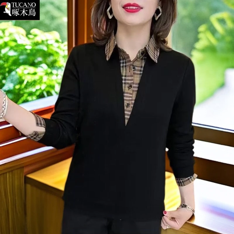 啄木鸟2025年新款假两件拼接撞色上衣春秋长袖打底洋气翻领T恤女