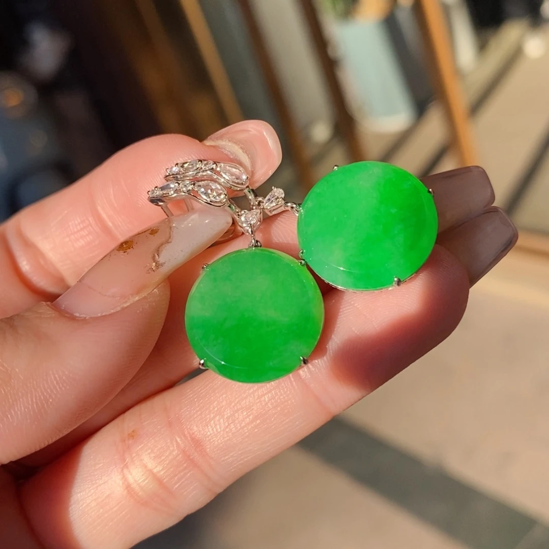 翡翠耳饰18K金镶嵌圆牌