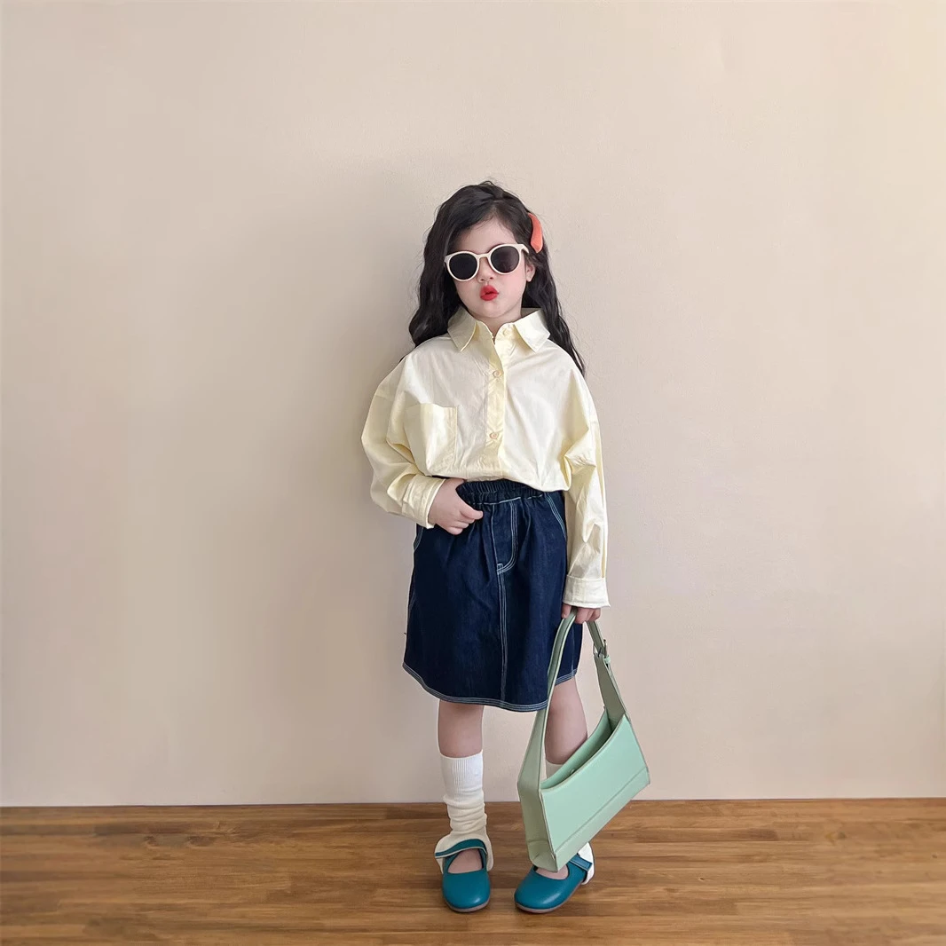 日系休闲儿童衬衫2025春季新款淡黄色纯棉小狗刺绣圆弧摆长袖衬衣