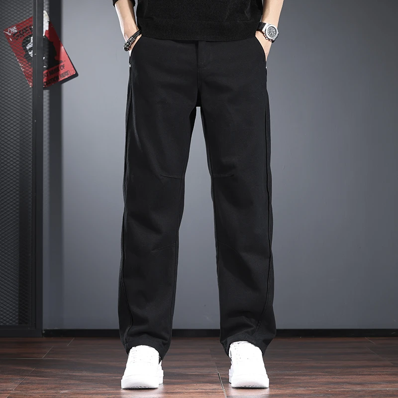 黑色休闲牛仔裤男2025新款秋冬季宽松直筒裤纯棉加绒加厚工装长裤