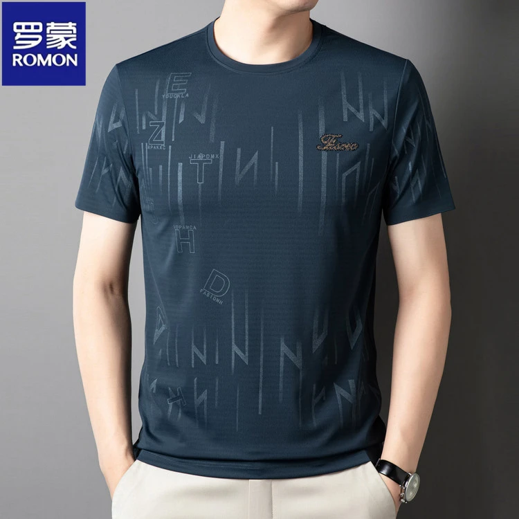 罗蒙潮流宽松短袖圆领T恤商务绅士夏季中年男士时尚t恤衫薄款男装
