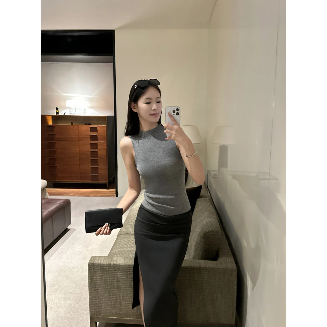 5werkwen 智性姐感 褶皱侧开叉弹力包臀裙36-12