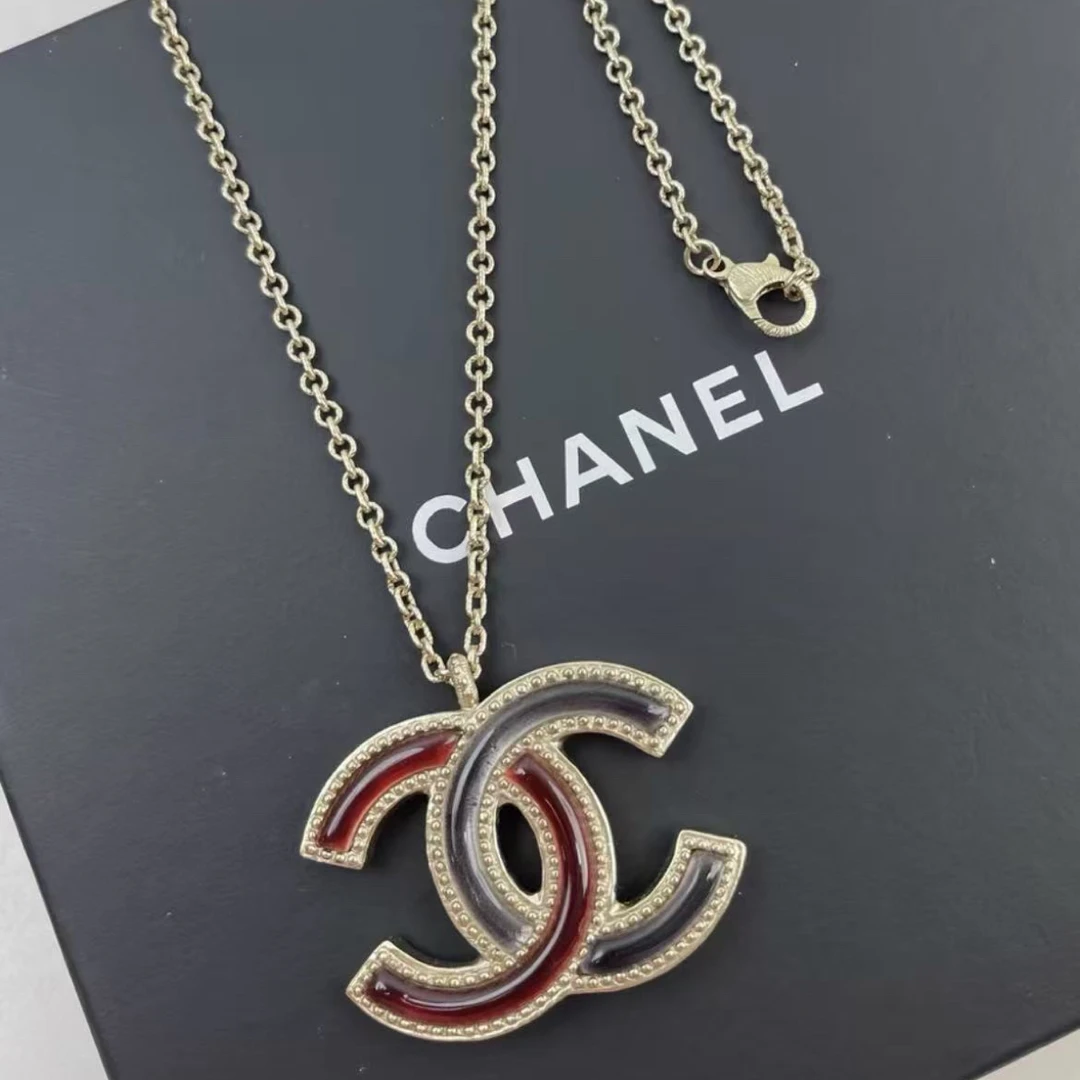 95新 Chanel/香奈儿 红黑鸳鸯珐琅双c项链 1818319 nn