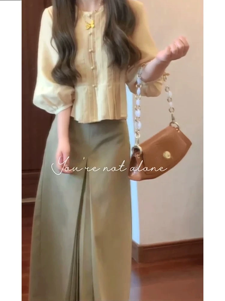早秋搭配一整套小个子休闲长袖百褶衬衫上衣气质高腰半身裙两件套