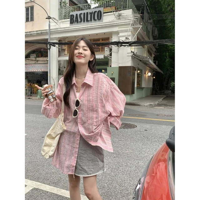 粉色条纹防晒衬衫女夏季慵懒风宽松休闲衬衣薄外套松弛感气质上衣