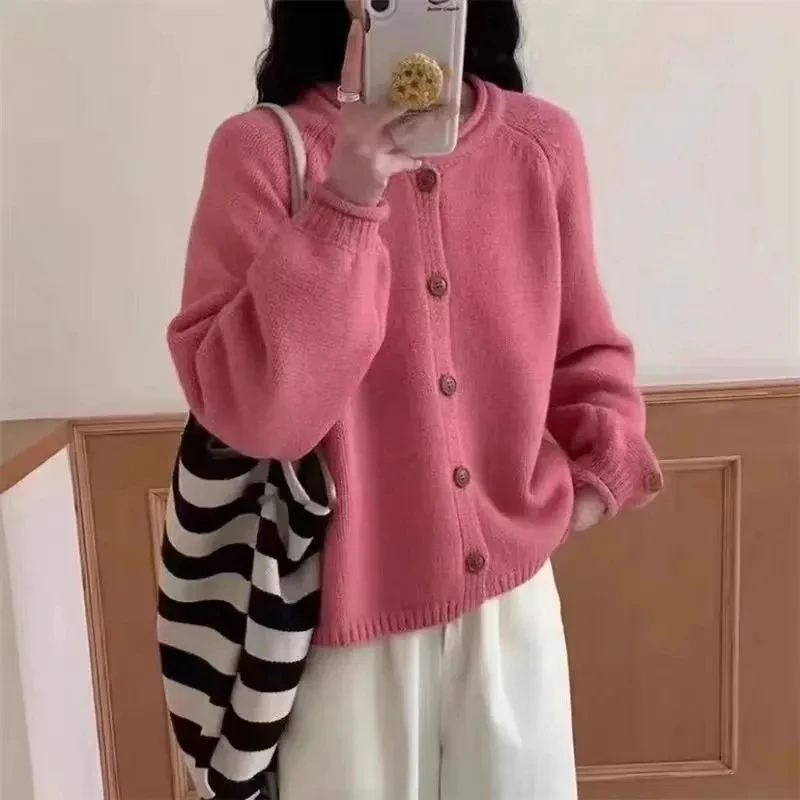 韩系甜美卷边毛衣针织衫女纯色洋气上衣2025春秋新款贴标宽松外套