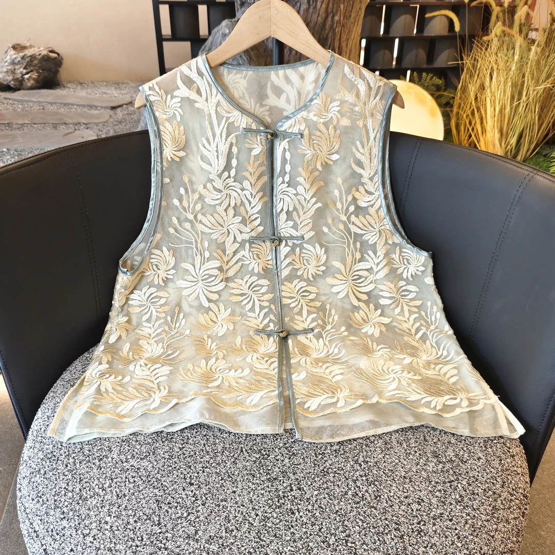 【清露】2025新款夏季马甲新中式宽松圆领网纱绣花上衣马夹女款