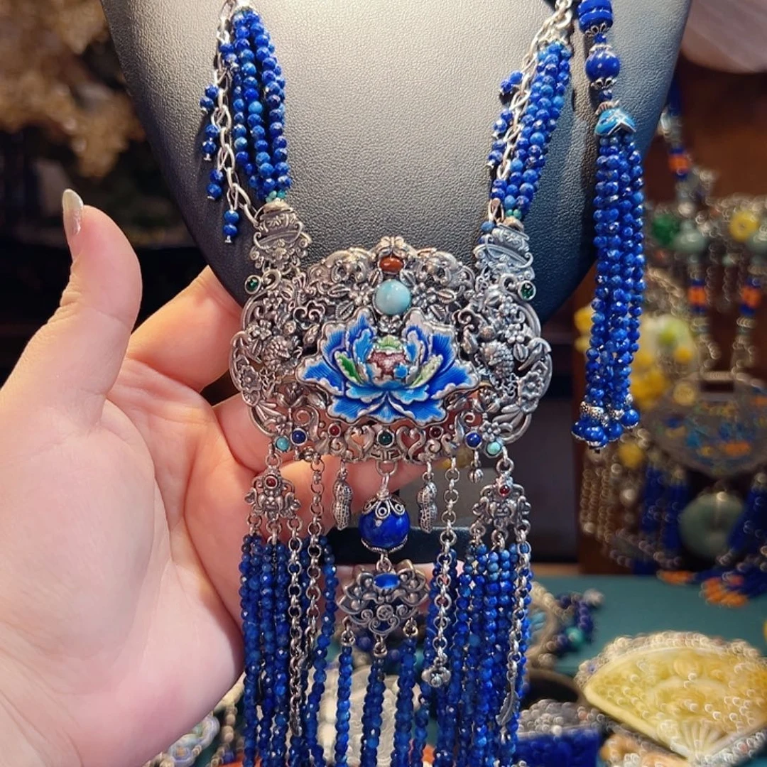 青金石银S925镶嵌颈饰国风