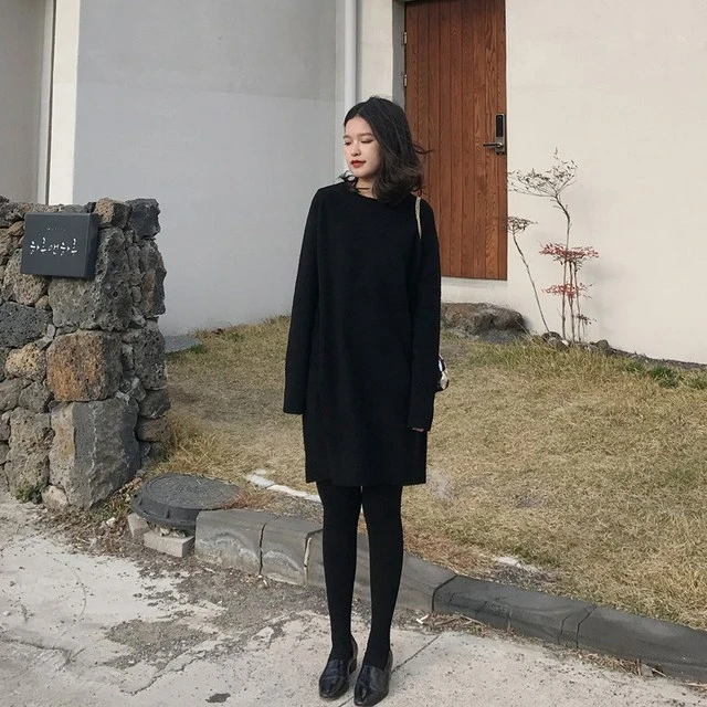 毛衣裙小黑裙外穿内搭打底裙遮肚子显瘦长袖黑色针织连衣裙女秋冬