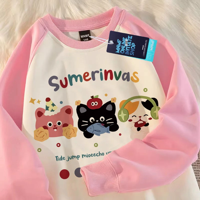 韩系简约风女童插肩圆领卫衣冬季新款可爱猫咪印花宽松百搭上衣服