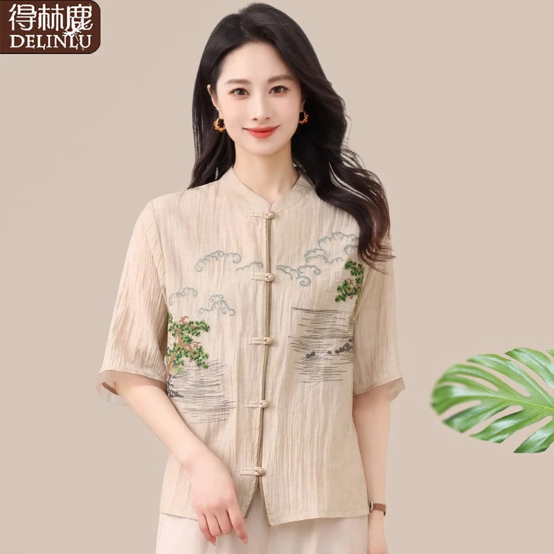 新中式妈妈夏装国风上衣2025新款中老年女士夏季洋气刺绣薄款衬衫