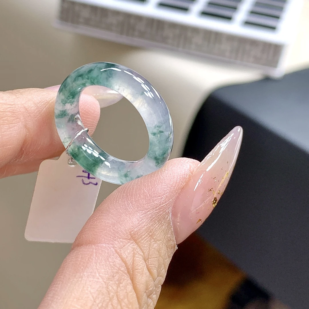 高冰种翡翠玉指环 素圈13号 冰起光飘蓝花缅甸翡翠戒圈16.5-6.1-4