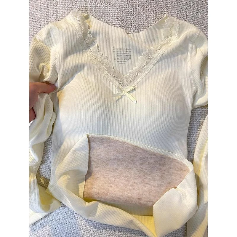 桑蚕丝带胸垫蕾丝内搭长袖打底衫女秋冬加绒秋衣秋裤暖宫保暖上衣