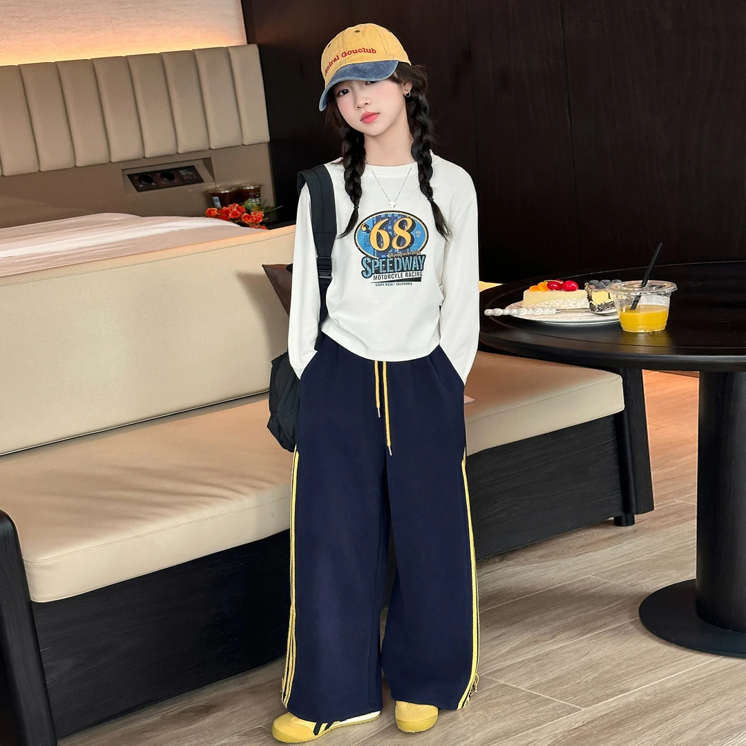 女童春秋美式拉条卫裤套装2025新款大童潮酷洋气韩版阔腿裤两件套