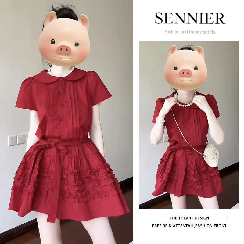 时尚穿搭女2025年夏季新款小众洋气设计感娃娃领木耳边连衣裙女潮