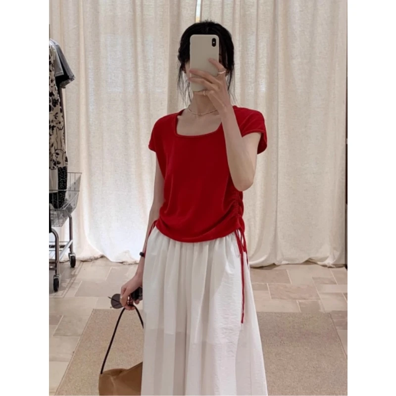红色冰丝针织正肩方领短袖t恤女夏季薄款小个子法式抽绳掐腰上衣