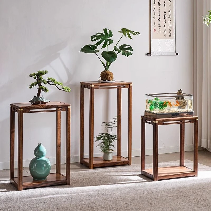 胡桃木长方形加宽花架子室内家用落地实木置物架鱼缸架阳台盆景架