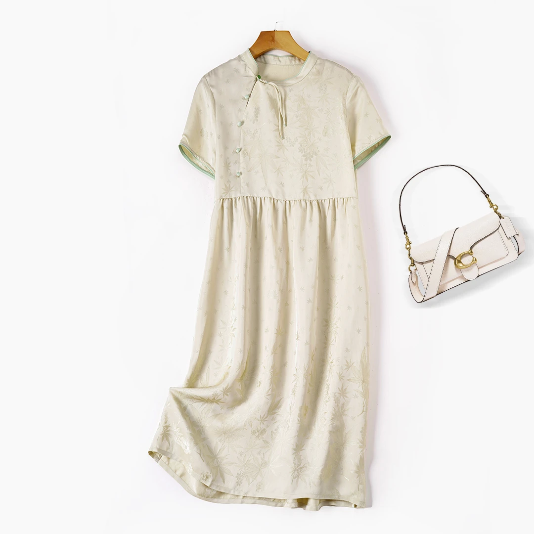 琸娅51%桑蚕丝中国风夏季提花缎带兜高端女装气质复古真丝连衣裙