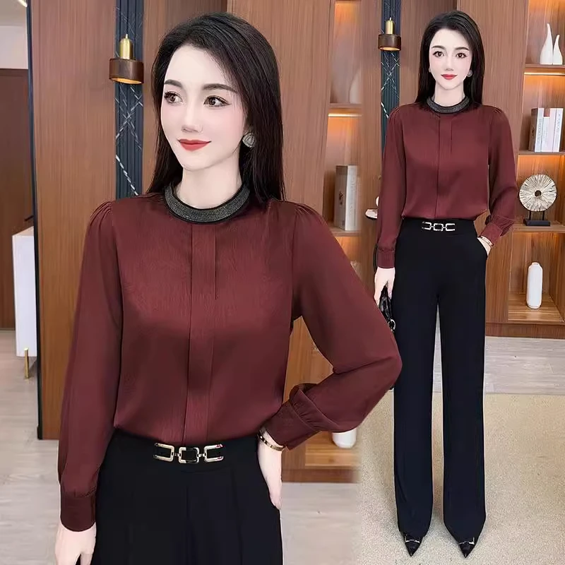 高级感时尚套装女春秋显瘦穿搭一整套新款缎面长袖衬衫减龄两件套