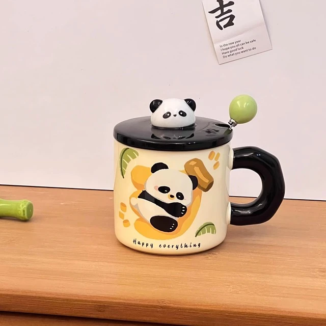 可爱杯子创意马克杯带盖勺卡通熊猫可爱陶瓷杯情侣水杯女伴手礼