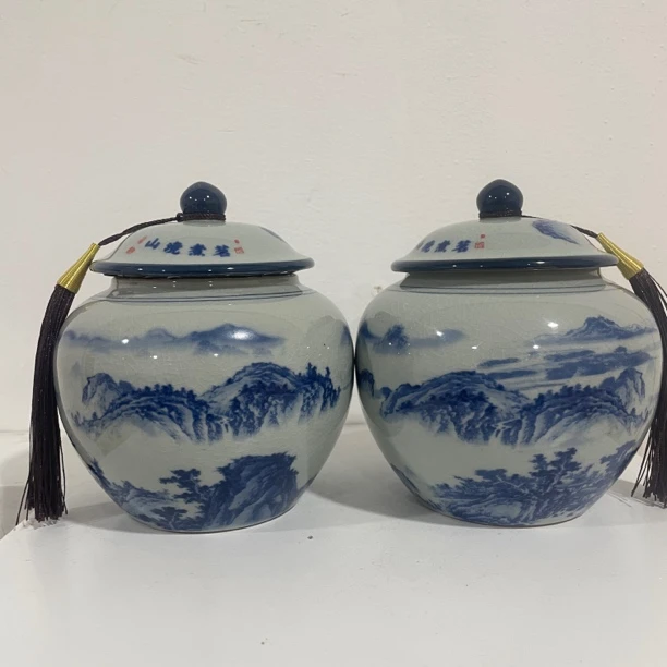山境煮茗青花哥窑开片茶叶罐密封罐储物罐a205