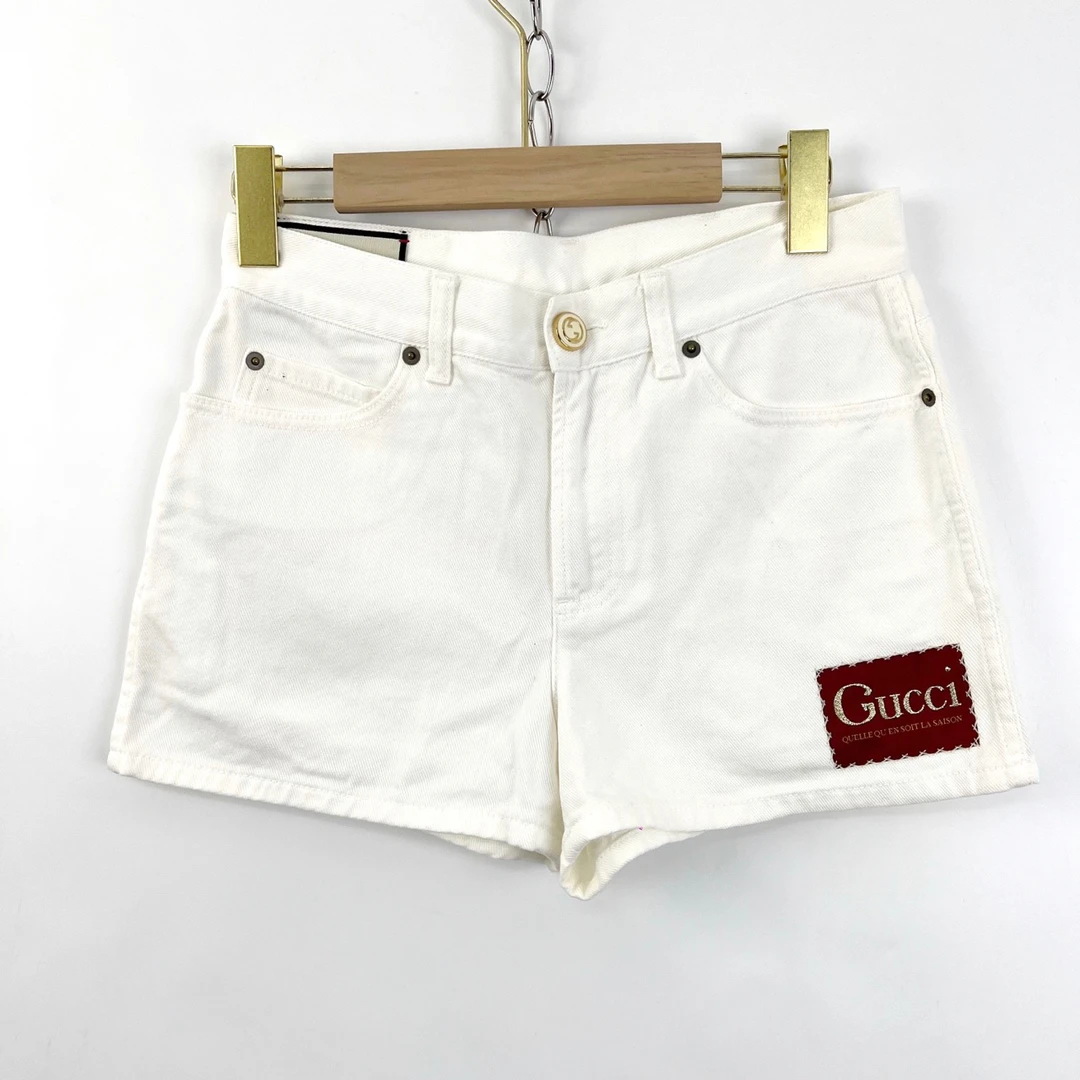 99新 GUCCI/古驰 24码 白色金标刺绣短裤 0815