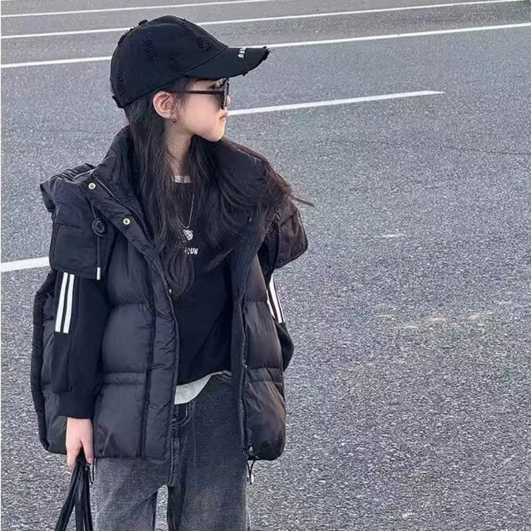 儿童外套2025秋冬新款女童洋气宽松中大童加厚连帽仿丝棉马甲背心