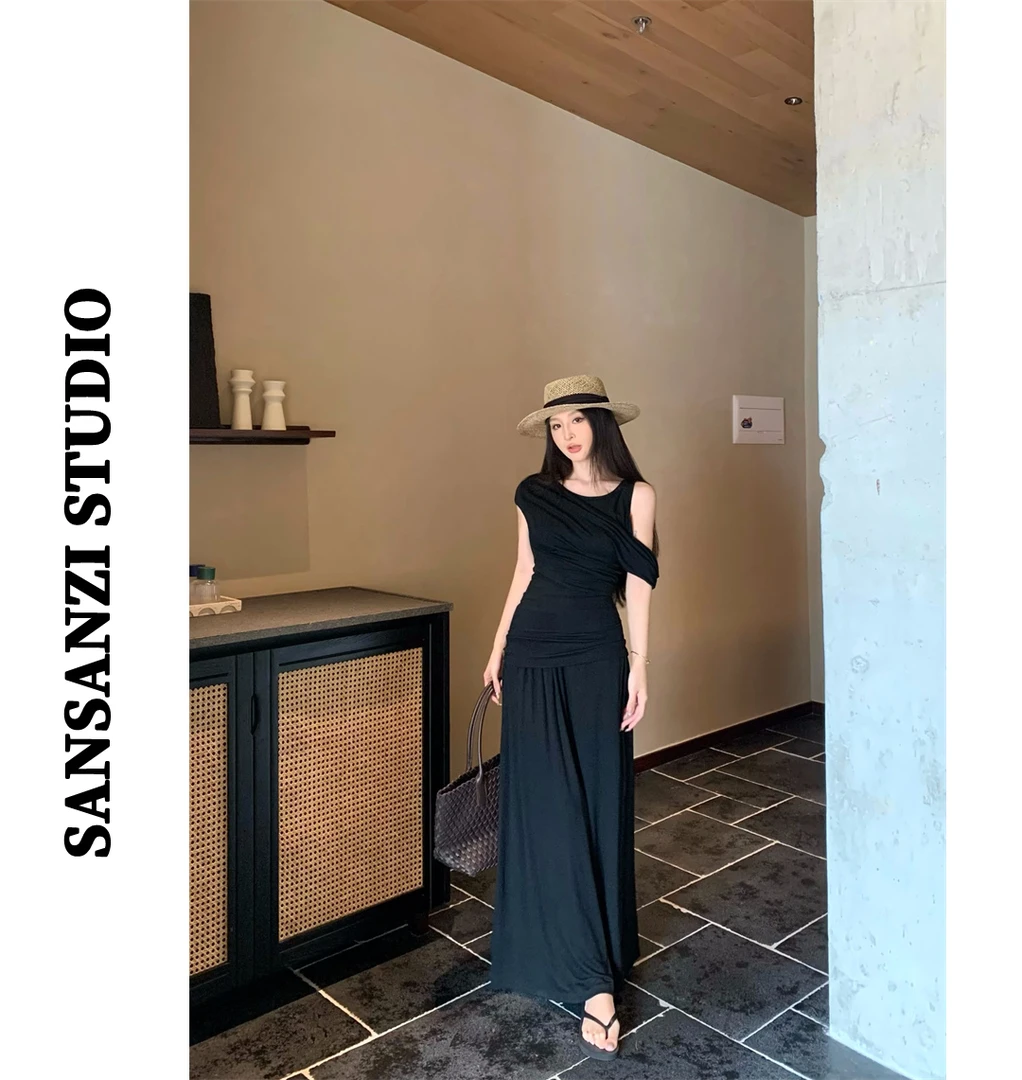 SANSANZI纯欲风套装纯色露肩短袖T恤女夏季高腰显瘦半身裙两件套