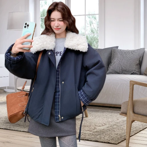 复古格纹拼接派克棉服女2025冬季加绒加厚超好看洋气独特棉衣棉服