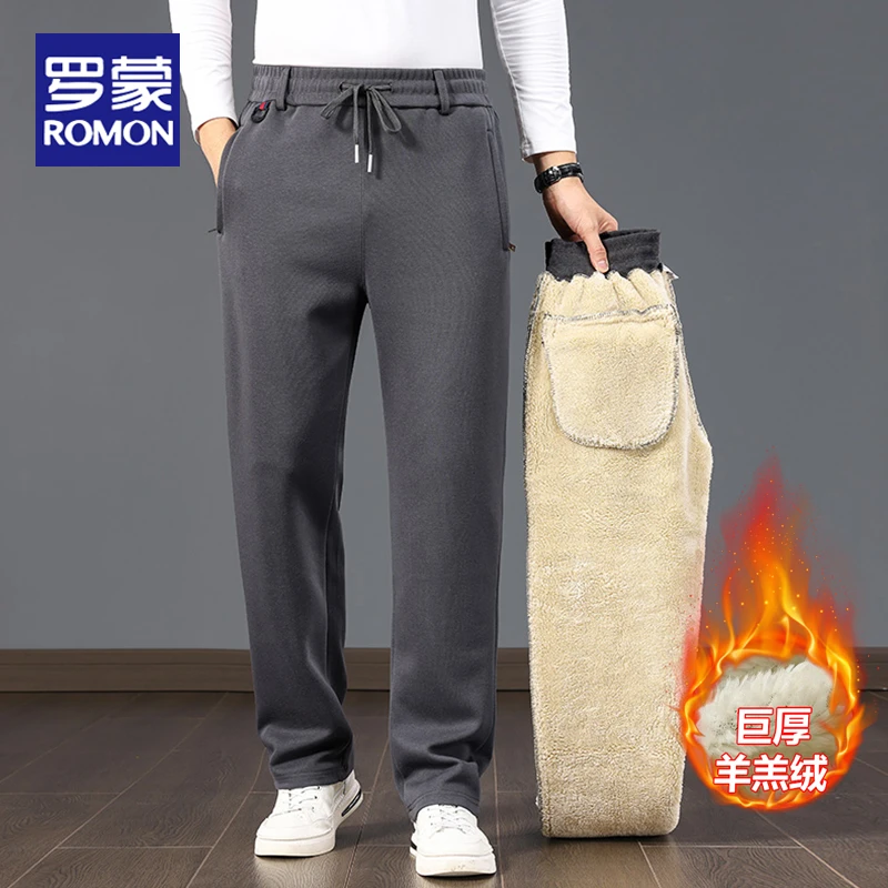 罗蒙男士加绒裤子羊羔绒男裤松紧腰直筒裤休闲棉裤外穿保暖裤大码