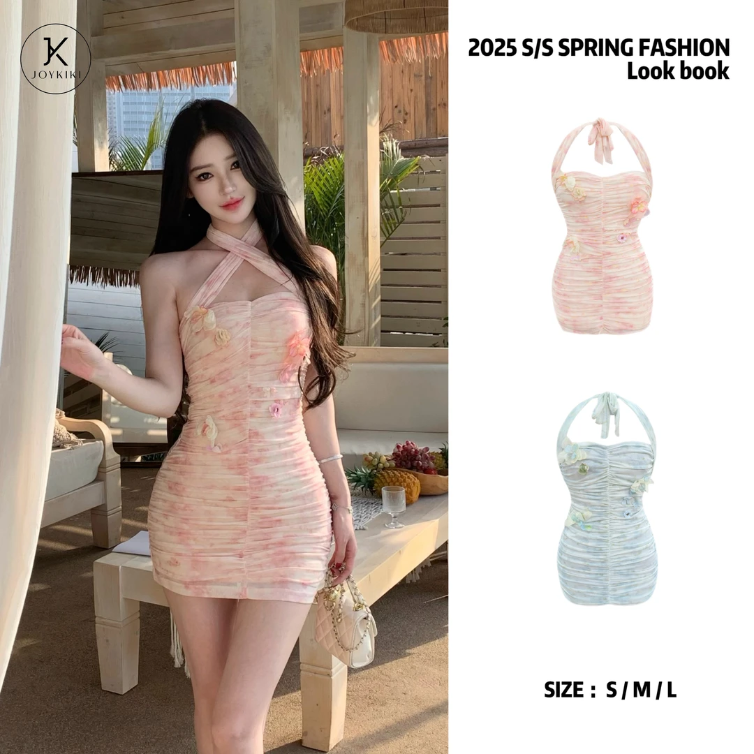 【JOYKIKI 清清!】【缪斯女神】春季水墨晕染挂脖包臀连衣裙J25A161