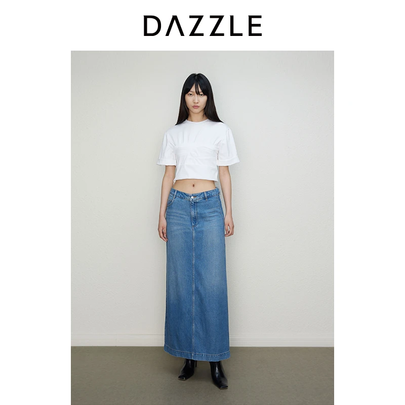 【上新】DAZZLE地素奥莱 T恤白法式立裁短袖短款圆领上衣2I3B302