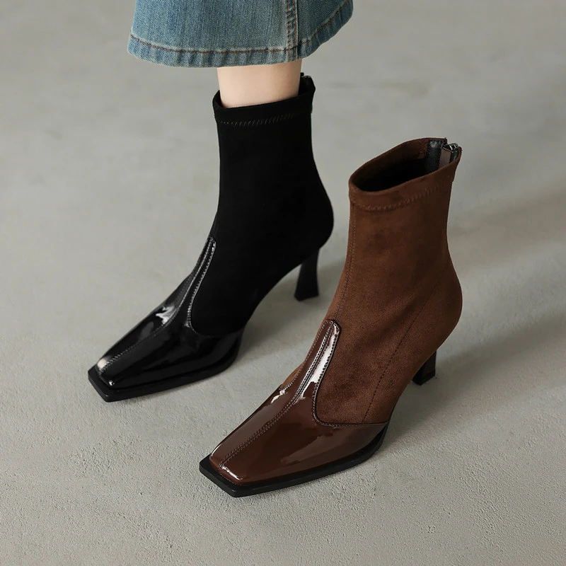 牛皮版~法式真皮弹力瘦瘦靴女复古方头拼接绒面袜靴